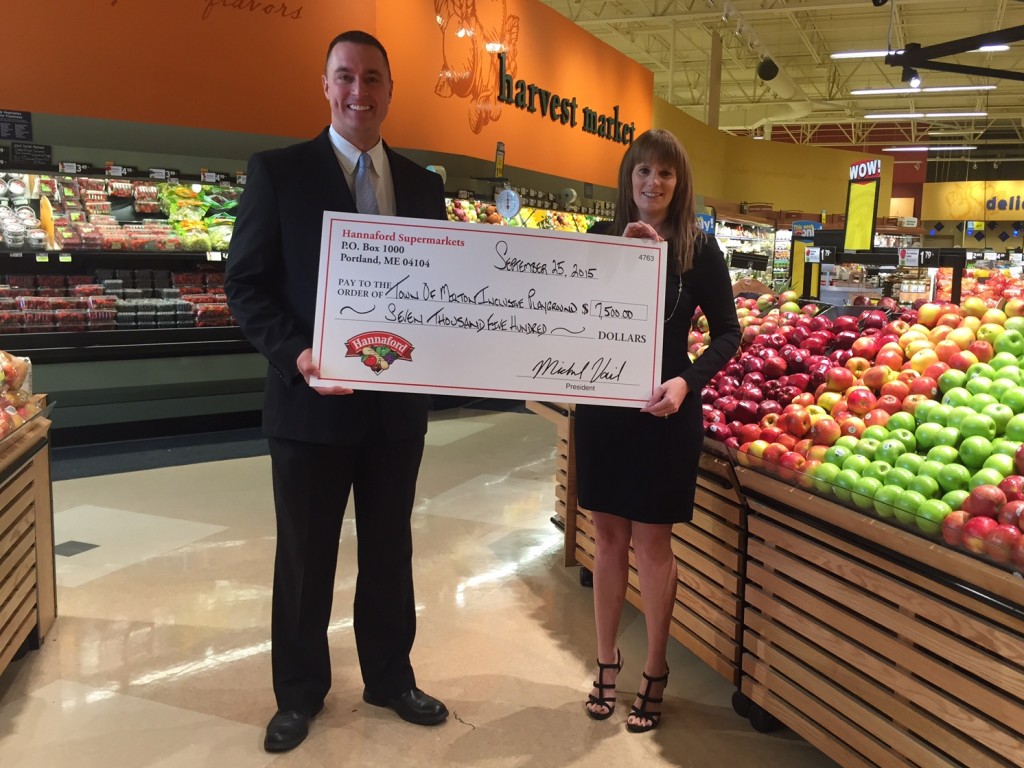 Town of Milton Inclusive Playground Donation: Hannaford Supermarkets Regional Community Relations Specialist Brian Fabre (left) presents Town of Milton Inclusive Playground Organizer Krystyn LaBate (right) with a donation of $7,500 at the newly-remodeled Ballston Spa Hannaford store at 11 Trieble Avenue on Friday, September 25. 