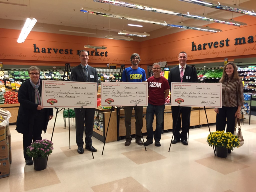 Hannaford Supermarkets Director of Operations for Vermont Ben Theriault (second from left) and Regional Community Relations Specialist Brian Fabre (second from right) gather with representatives from three Vermont non-profit organizations which each received a grant from Hannaford as part of the new Hannaford Helps program. 