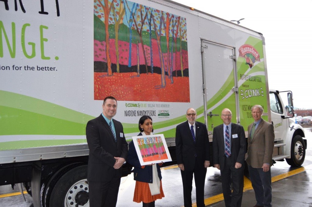 From left to right: Hannaford Supermarkets Community Relations Specialist Brian Fabre; Nandkissore; Living Resources CEO Fred Erlich; Hannaford Supermarkets Director of Operations for the Albany Region Dennis Martin; and CLYNK CEO Clayton Kyle. 