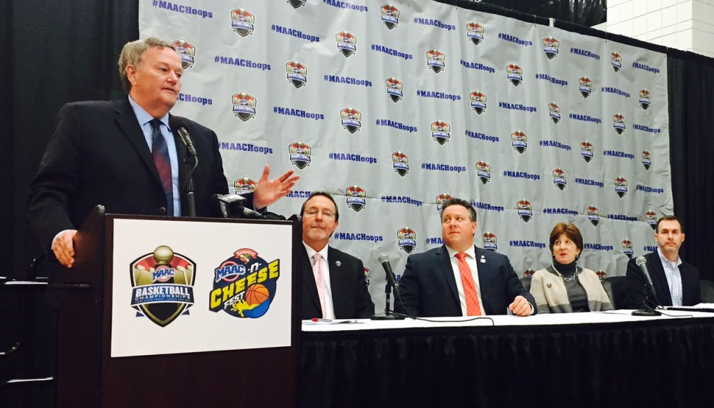 Pictured is MAAC Commissioner Richard Ensor (left) outlining the initiatives along with (L to R) Bob Belber, General Manager, Times Union Center; Albany County Executive Dan McCoy; Albany Mayor Kathy Sheehan; and Ross Levi, Vice President of Marketing Initiatives, Empire State Development.