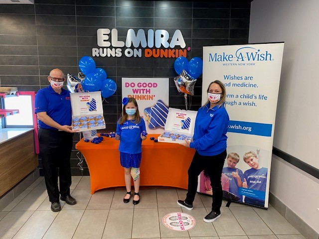 From left to right: Dunkin’ Field Marketing Manager Eric Stensland; Southern Tier Wish Kid Teagan Peden; and Make-A-Wish Western New York Rochester Regional Development Director Donna Auria.